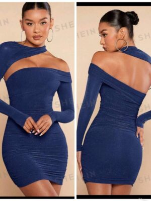 Shein assymetric glitter off shoulder dress in navy dark blue 10