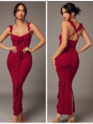 SHEIN  mesh ruffle criss cross back dress in burgundy 12/14