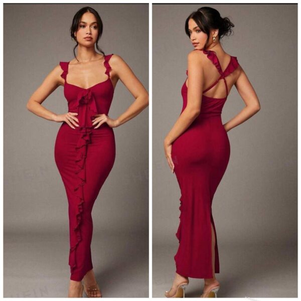 SHEIN  mesh ruffle criss cross back dress in burgundy 12/14