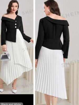 Shein solid asymmetric pleated white & black dress 16