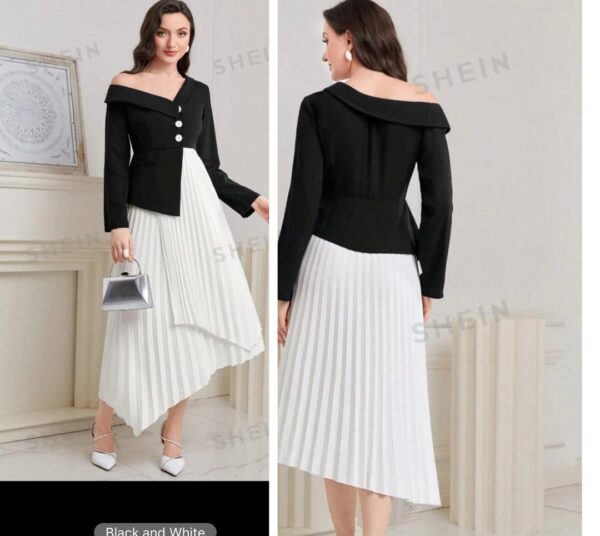 Shein solid asymmetric pleated white & black dress 16