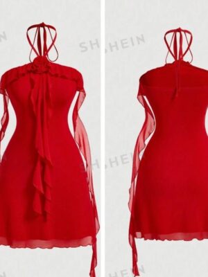 SHEIN halter neck ruffle floral droppings in dress in red 12/14
