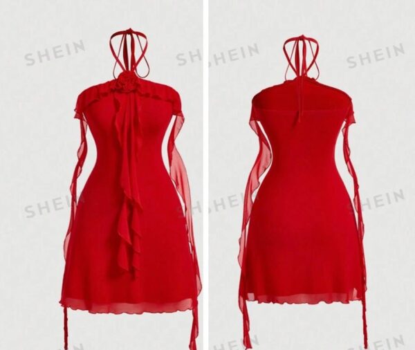 SHEIN halter neck ruffle floral droppings in dress in red 12/14