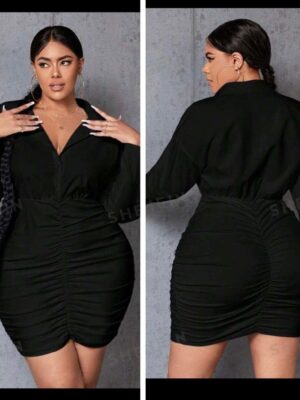 Shein solid plus shirt like bodycon dress in black 16