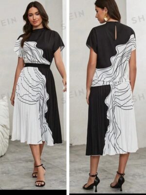 SHEIN pleated skirt set two piece in black/white