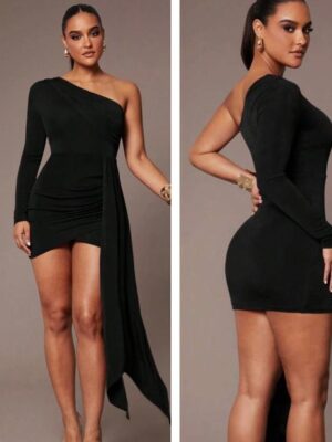 SHEIN one shoulder long sleeve ruched draped belt dress in  black 12-14