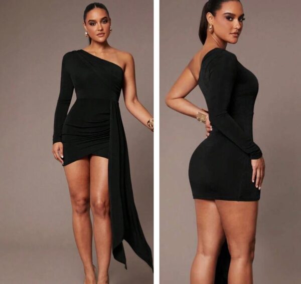 SHEIN one shoulder long sleeve ruched draped belt dress in  black 12-14