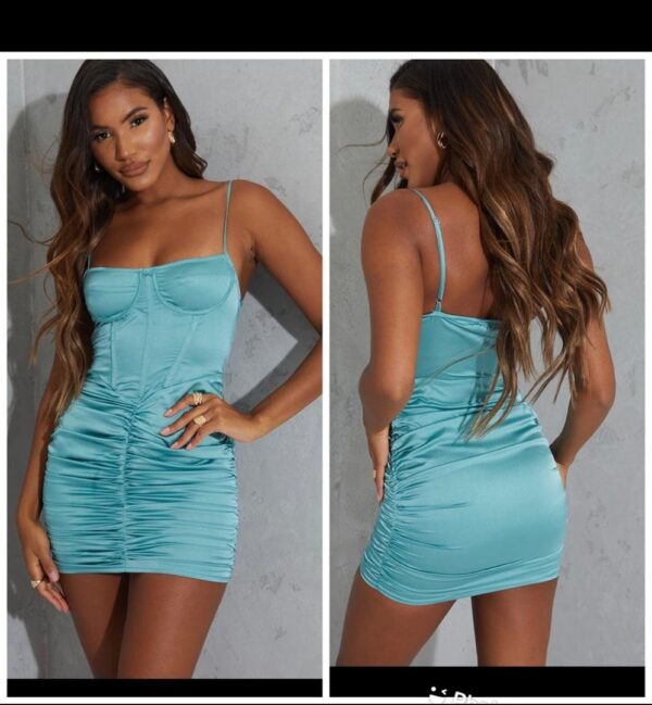 PLT teal satin corset bodycon dress in green 10/12