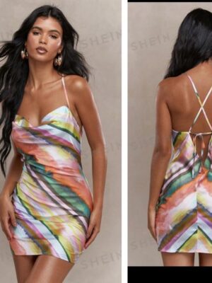 missguided satin cowl neck cami mini criss cross back dress in multi color