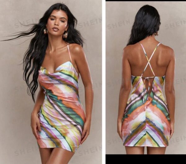 missguided satin cowl neck cami mini criss cross back dress in multi color