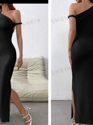 SHEIN one shoulder Assymetric  side slit dress in black