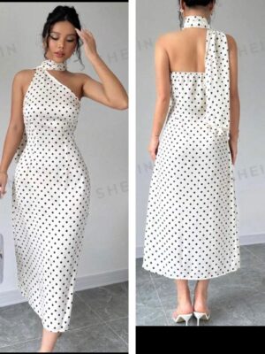 SHEIN polka dot tie neck classy dress in white/black