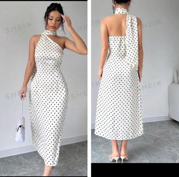 SHEIN polka dot tie neck classy dress in white/black