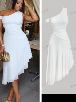 Shein off shoulder Assymetric white party dress 12/14