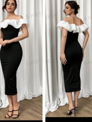 Shein off shoulder bodycon ruffle dress in white/black