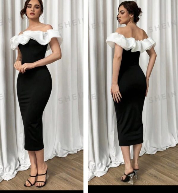 Shein off shoulder bodycon ruffle dress in white/black
