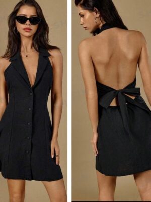Shein halter collar button up backless dress in black cotton 12/14
