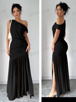 SHEIN black assymetric off shoulder mesh ruched dress 16
