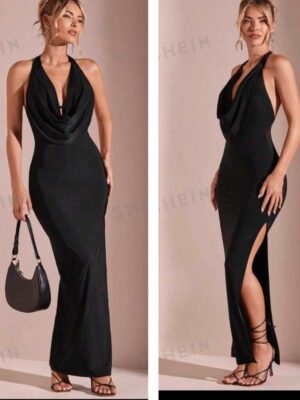 Shein cowl neck halter backless dress in black with slit 12/14