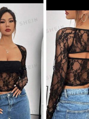 Shein hollow mesh  lace top in black 12/14