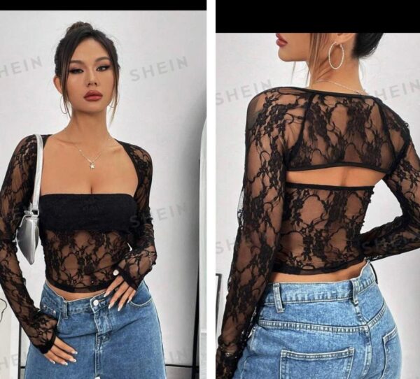 Shein hollow mesh  lace top in black 12/14