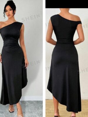 Shein assymetric cold shoulder A line dress in black 16