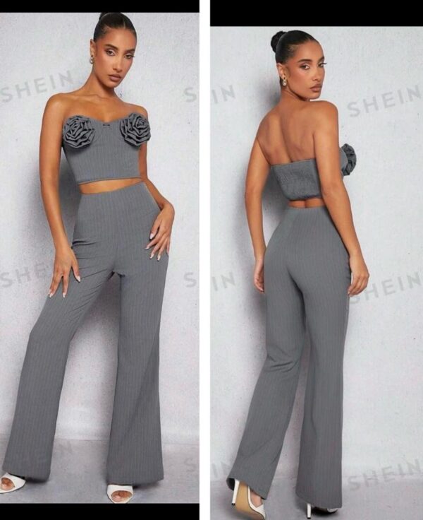Shein two piece  3d rose top & pant set in grey 12/14