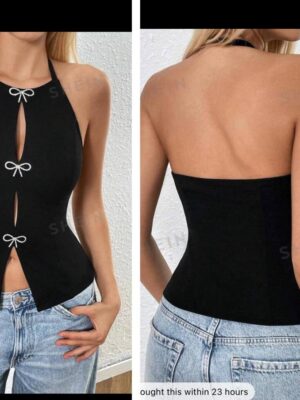 Shein halter glitter bow backless top in black