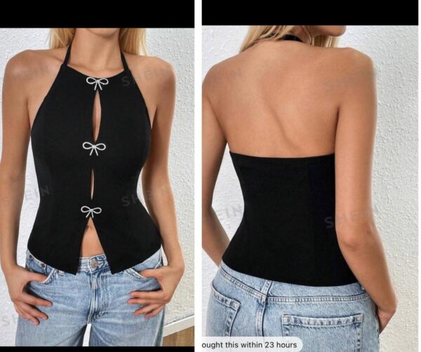 Shein halter glitter bow backless top in black