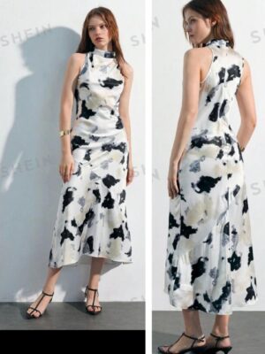 SHEIN tank tie & dye print mock sleeves dress in white/black 12/14