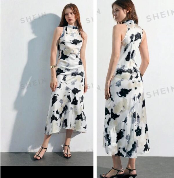 SHEIN tank tie & dye print mock sleeves dress in white/black 12/14