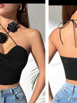 Shein 3d rose halter backless top in black 12/14