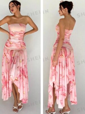 Shein tube dressy high low dress in floral pinkish multicolor 12/14