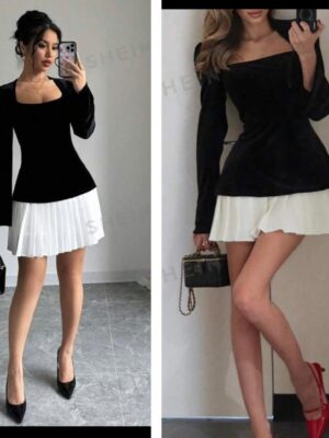 Shein ruched hands classy pleated hem black/white dress