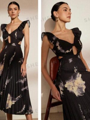 Shein pleated ruffle front cut lady dress in black multicolor 12/14