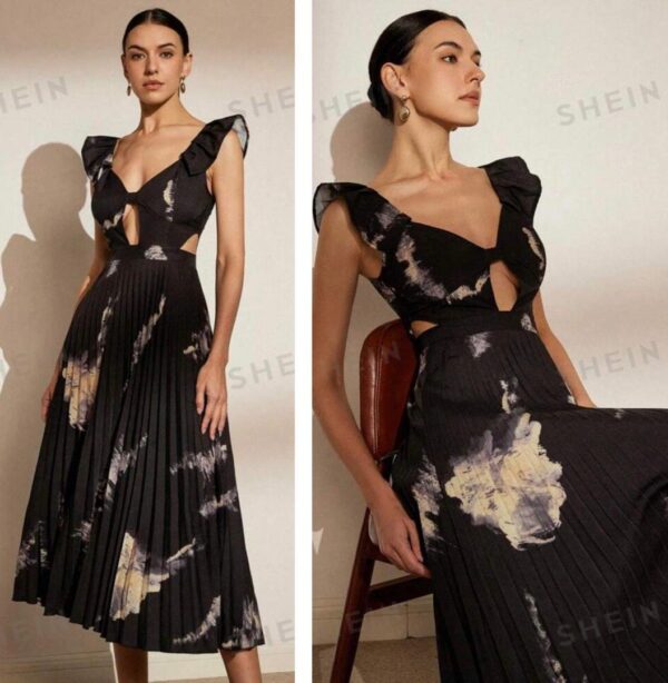 Shein pleated ruffle front cut lady dress in black multicolor 12/14