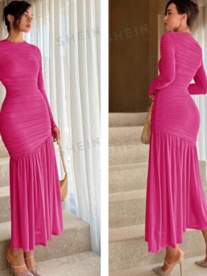 SHEIN long sleeve mesh midi dress in pink 16
