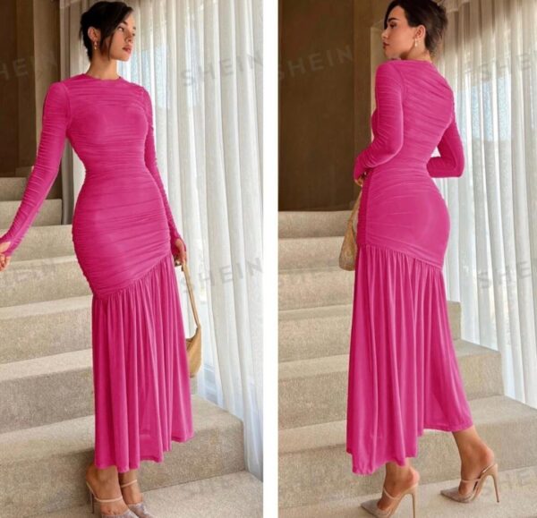 SHEIN long sleeve mesh midi dress in pink 16