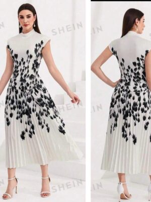 Shein two piece skirt set office style in white/black with flower details 12/14