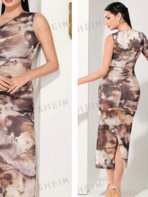 Shein one shoulder with side ruffle dress in brown 16
