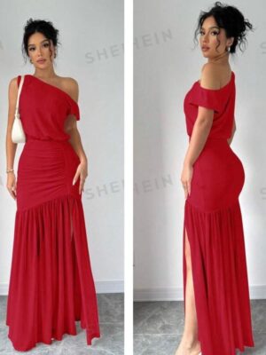 SHEIN red assymetric off shoulder mesh ruched dress 12-14