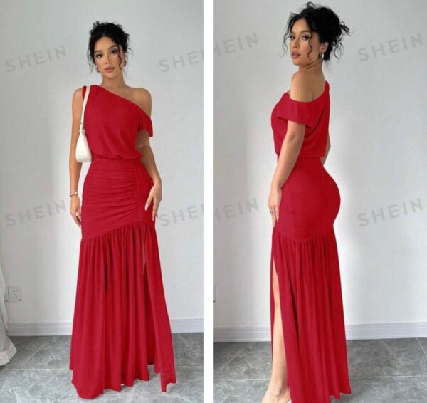 SHEIN red assymetric off shoulder mesh ruched dress 12-14