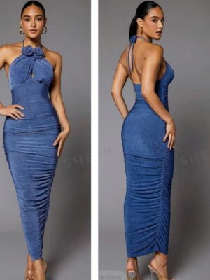 Shein stylish halter 3d rose dress in dusty blue  12-14