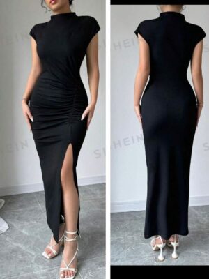 Shein mock neck high thigh slit short sleeve dress in black