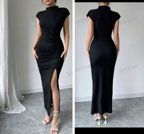 Shein mock neck high thigh slit short sleeve dress in black