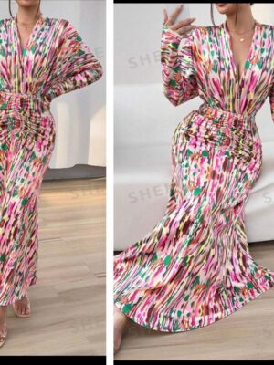 Shein solid v neck work dress in pinkish color