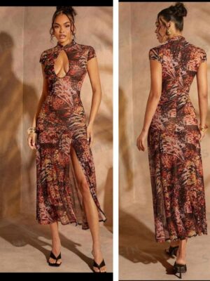 Shein boob cut high slit vintage dress in brownish multi color 12-14