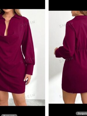Shein solid collar drape dress in burgundy  16