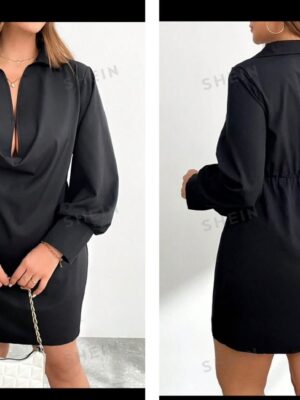 Shein solid collar drape dress in black 18