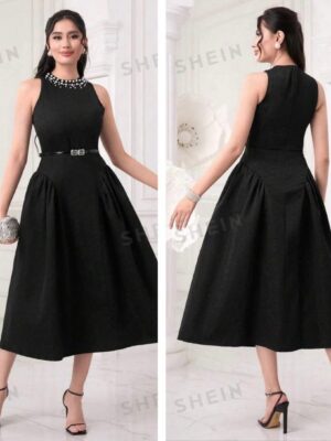 Shein tank pearl decent  two puff sides dress in black  16